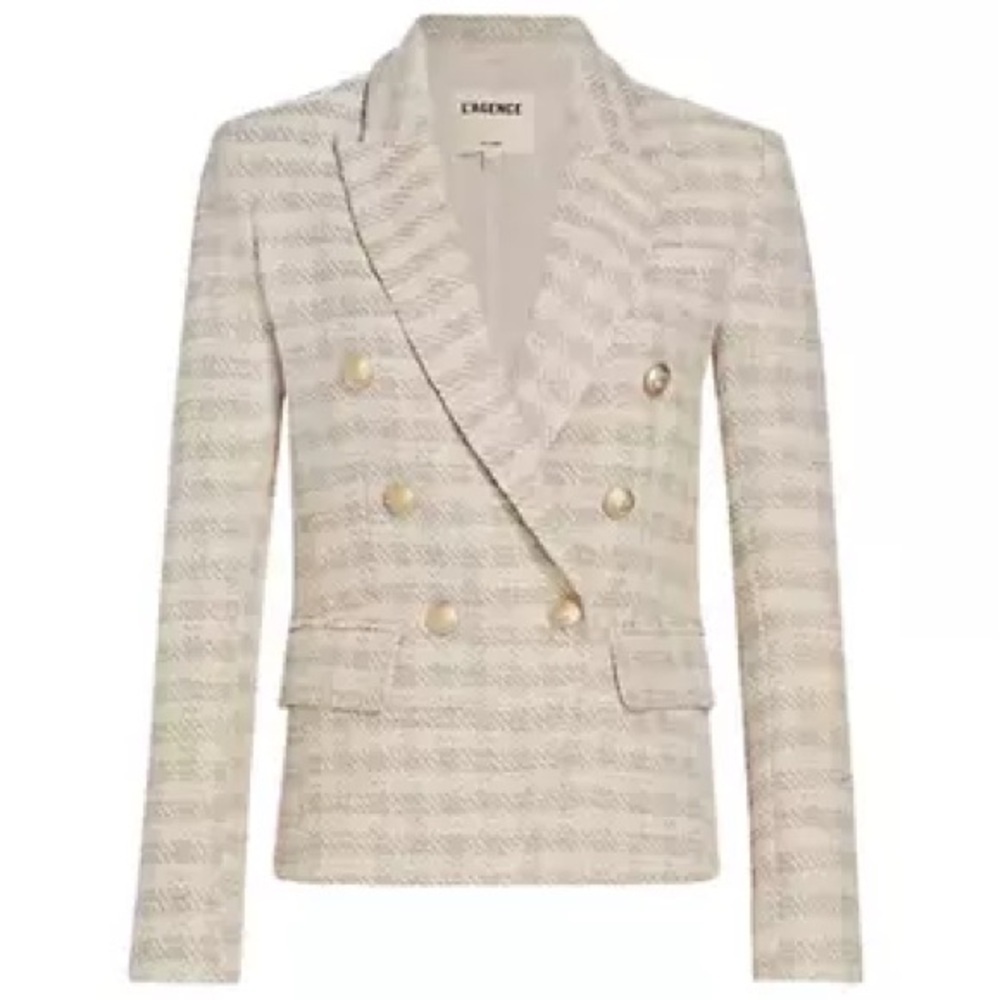 L’AGENCE Kenzie Double Breasted Blazer Shoulder Pads Ecru-Gold Check 16 NWT